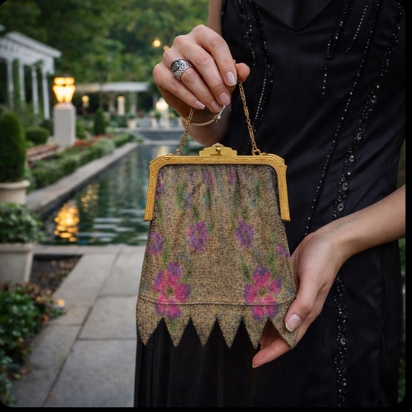 Whiting & Davis Handbags - Antique Art Deco Dresden Mesh Watercolor Floral Purse Handbag